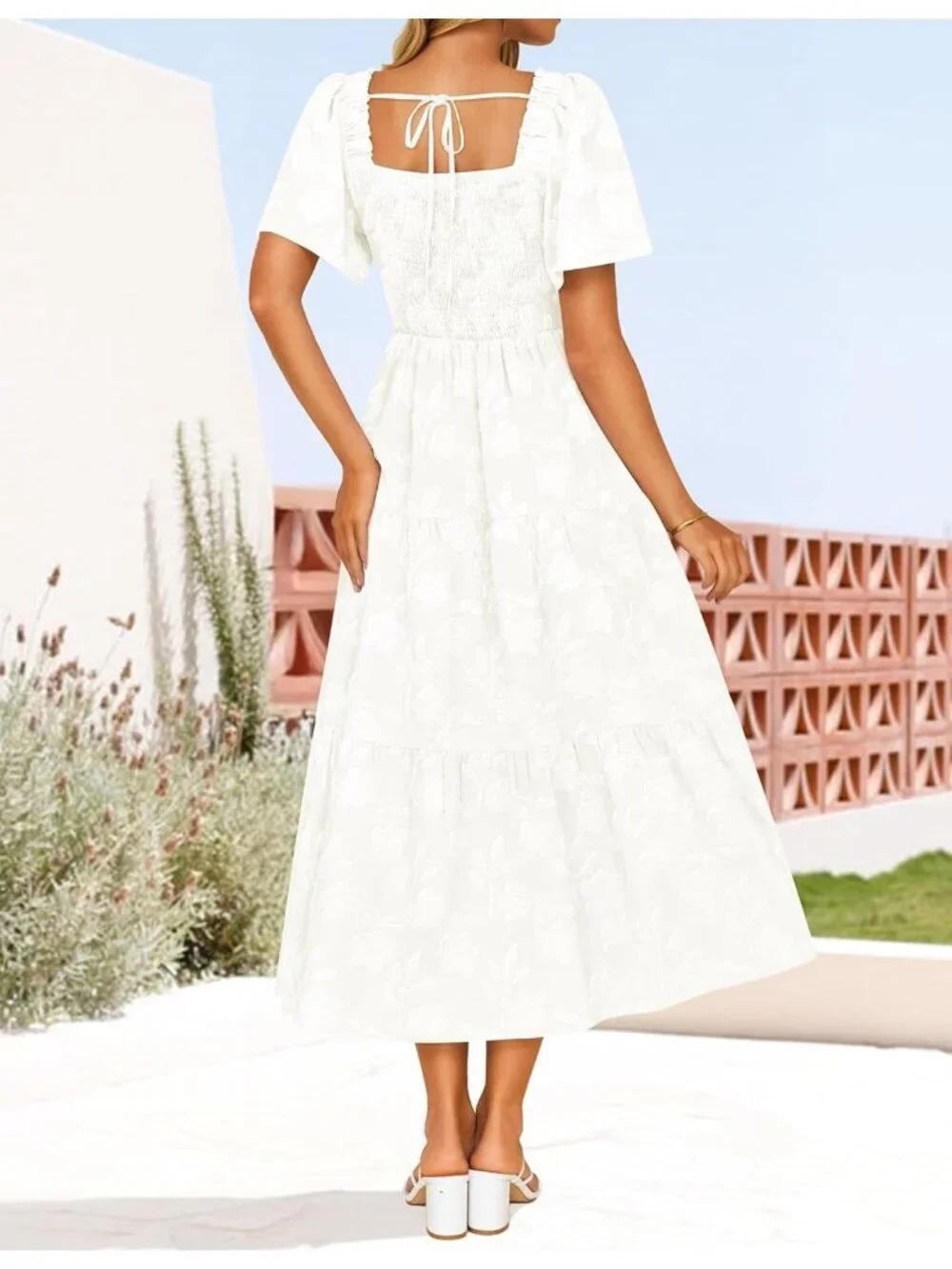 Women‘s Summer Boho Floral Midi Dress White Short Sleeve Square Neck Flowy Beach